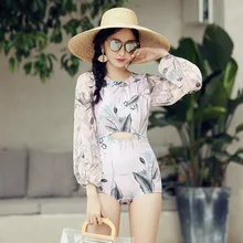 Женский Цельный купальник с принтом и длинным рукавом, купальный костюм, летний сексуальный купальник, бандажный купальник, монокини