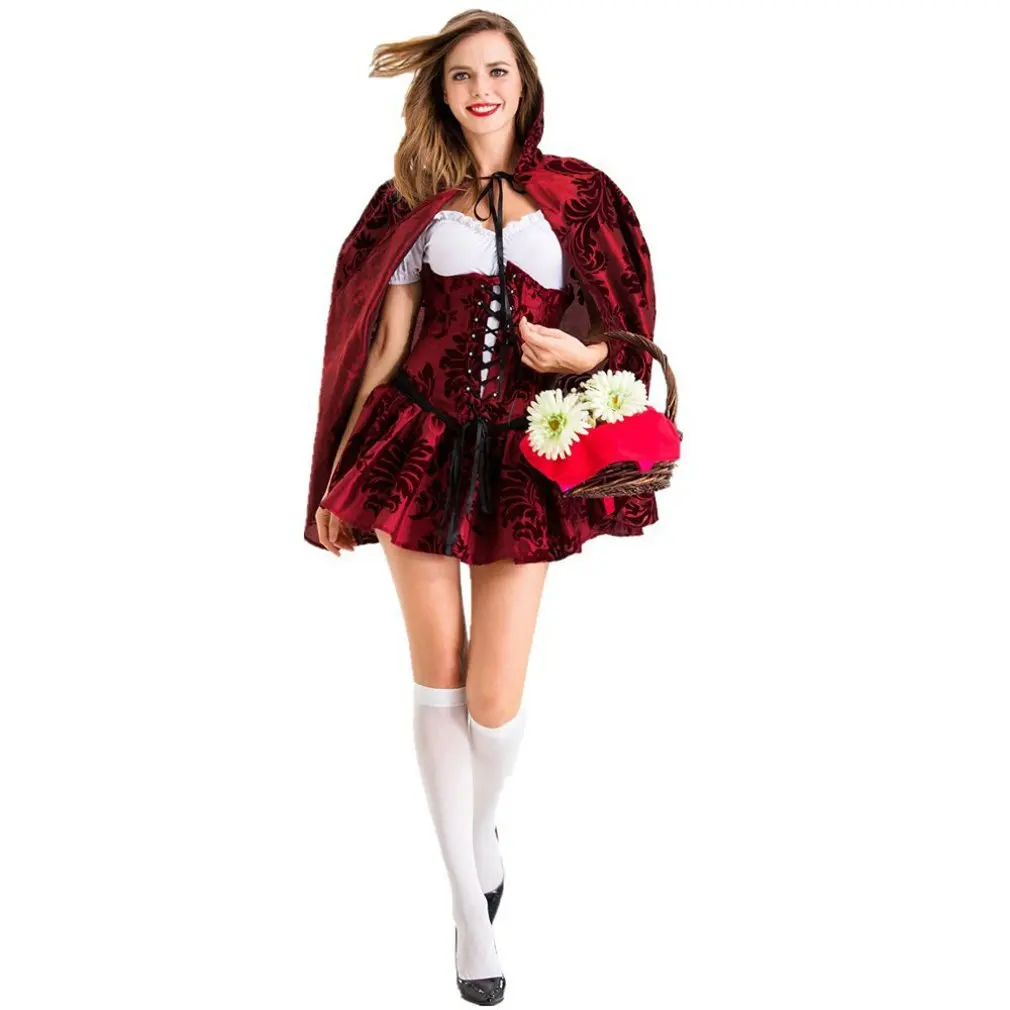 

Halloween Costume Print Little Red Riding Hood Fairy Tale Witch Princess Dress Shawl Cloak Adult Women Clothing
