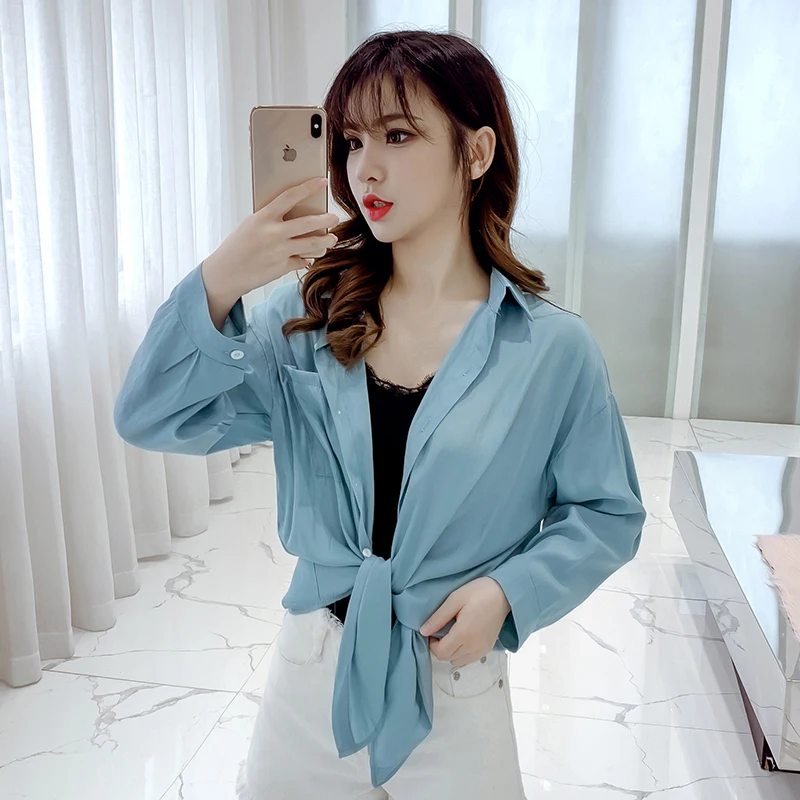 

Leisure Yellow Boho Shirts Button Lapel Cardigan Tops Lady Loose Long Sleeve Soft Chiffon Womens Blouses Summer Blusas Mujer