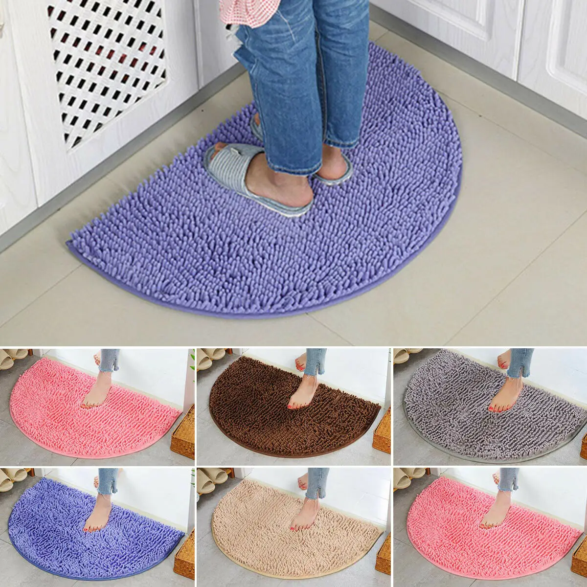 

Home Textile Rug Soft Microfibre Shaggy Non Slip Semicircular Absorbent Bath Mat Bathroom Shower Rugs Carpet