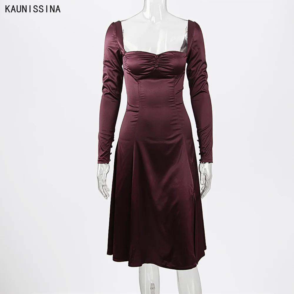 

KAUNISSINA Vintage Square Collar Cocktail Dress Silk Satin Party Dresses Women Long Sleeve Formal Gown Homecoming Vestidos