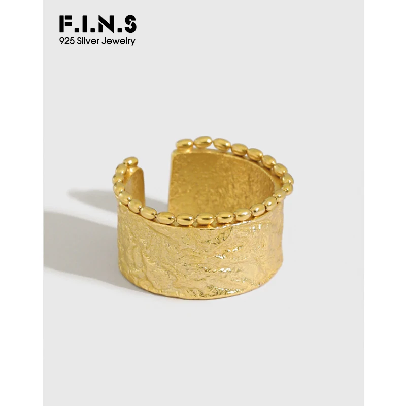 

F.I.N.S Korea Fashion Women INS Pure 925 Sterling Silver Finger Ring Wide Concave Texture Bead Chain Open Cuff Ring Fine Jewelry