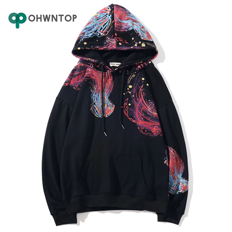 

Fashion Autumn Cotton Pullover Hoodies Casual Jellyfish Printed Hooded Streetwear Sweatshirts Hip Hop Harajuku Male Tops Coats