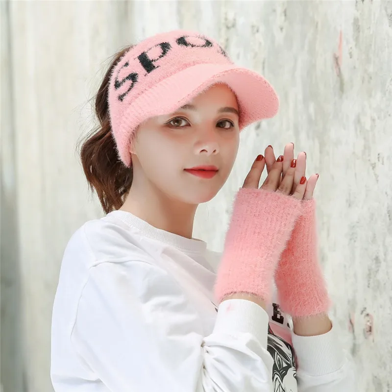 pink glove hat Женские зимние перчатки, шапка, костюм из вязаной шерсти, модные толстые шапки из искусственного меха кролика, теплые модные милые наушники, шапка, перчатки - Цвет: pink glove hat