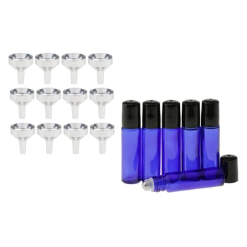 

6pcs 10ml Blue Refillable Empty Cosmetic Makeup Glass Steel Roller Ball Bottles with Mini Liquid Funnels Kit