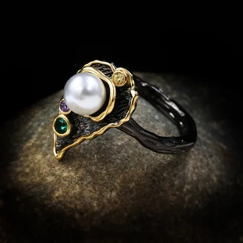 

925 Sterling Silver Creative Black Gold Colors Leaf Feather Rings with Emerald Pearl Ring for Women Cocktail Jewelry