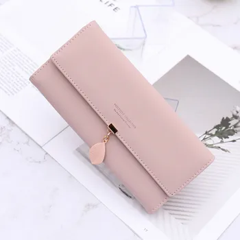 

Popular small fresh leaf wallet multi function three fold certificate bag large capacity hand bag for women