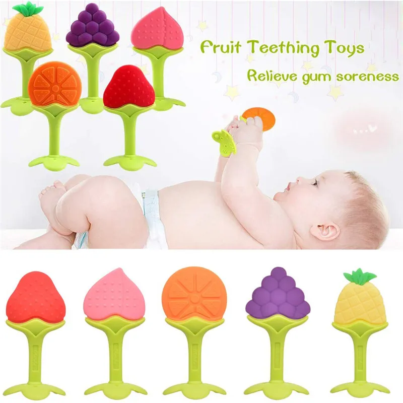 Baby cartoon three-dimensional fruit molar stick Toddlers Infants Baby Teething Toys Soft Silicone Fruit Teether Holder #4AA6 (4)