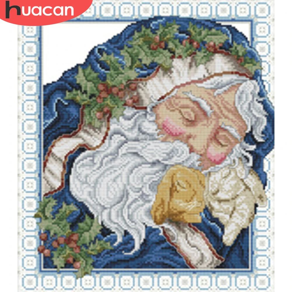 Huacan Embroidery Cross Stitch Santa Claus Colorful Kits White Canvas