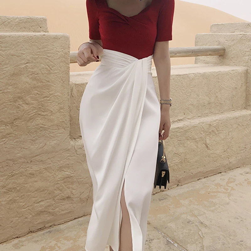 GALCAUR Асимметричная Женская юбка с разрезом по бокам, высокая талия, асимметричное винтажное платье с рюшами для женщин, модная одежда