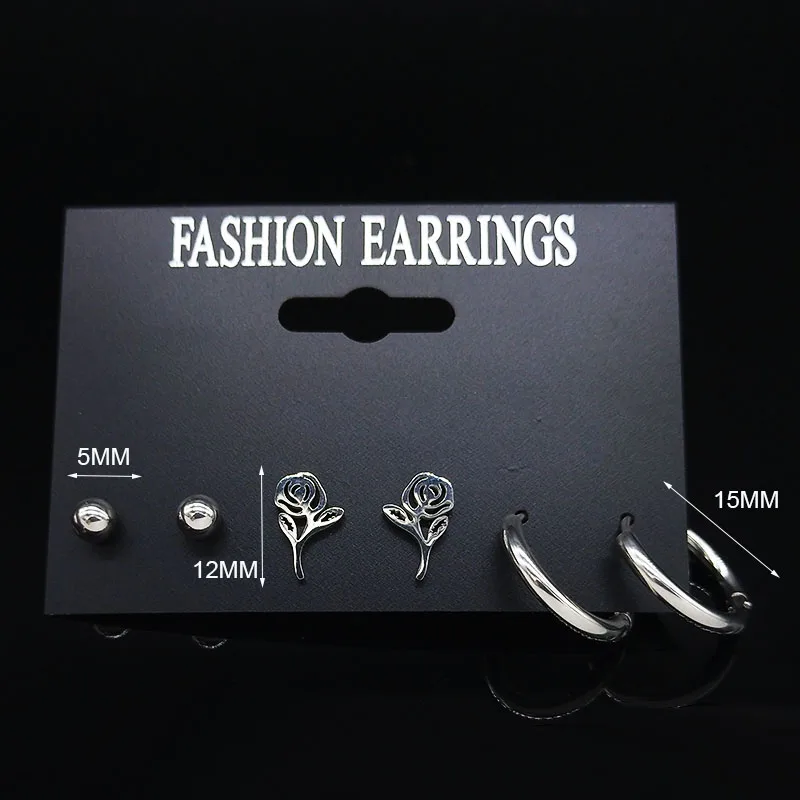 3pcs Stainless Steel Flower Earrings Set Women Silver Color Earrings Lot Halloween Gift Jewelry pendientes acero E612969