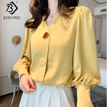 

Casual Shirts For Women 2020 Spring Autumn V-Neck Long Lantern Sleeve Single-breasted Chiffon Blouses Tops T05905K
