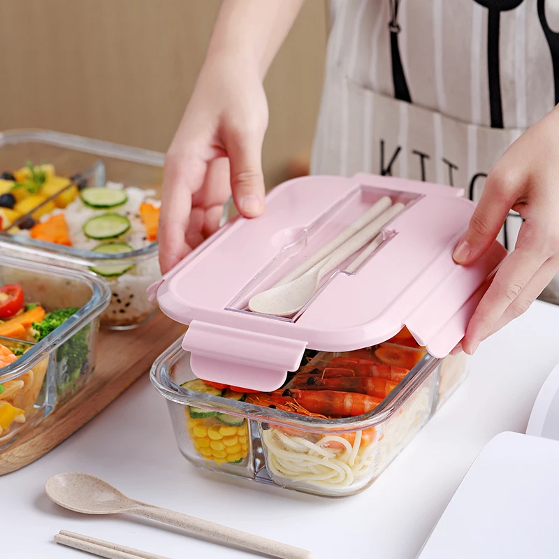 Microwavable стеклянный Ланч-бокс с разделителем, крышкой, мешком; приготовление еды стеклянный контейнер для хранения еды контейнеры с 2 отсеками; контейнер для ланча