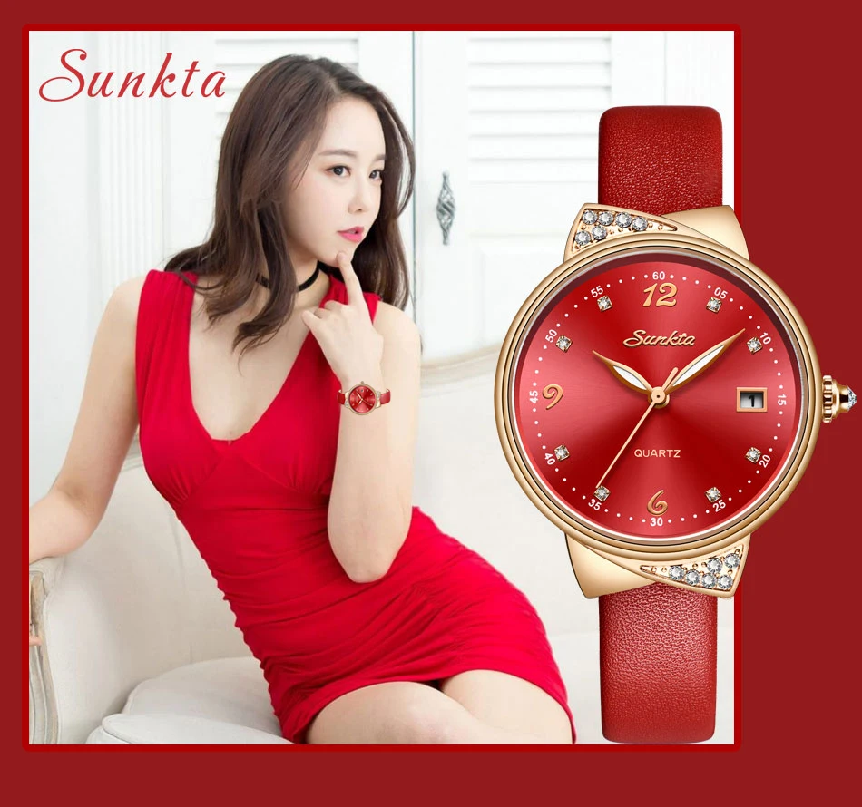 SUNKTA Red Watch Women Fashion Simple Quartz Watches Ladies Thin Leather Casual Female Wrist Watch Girl Clock Relogio Feminino