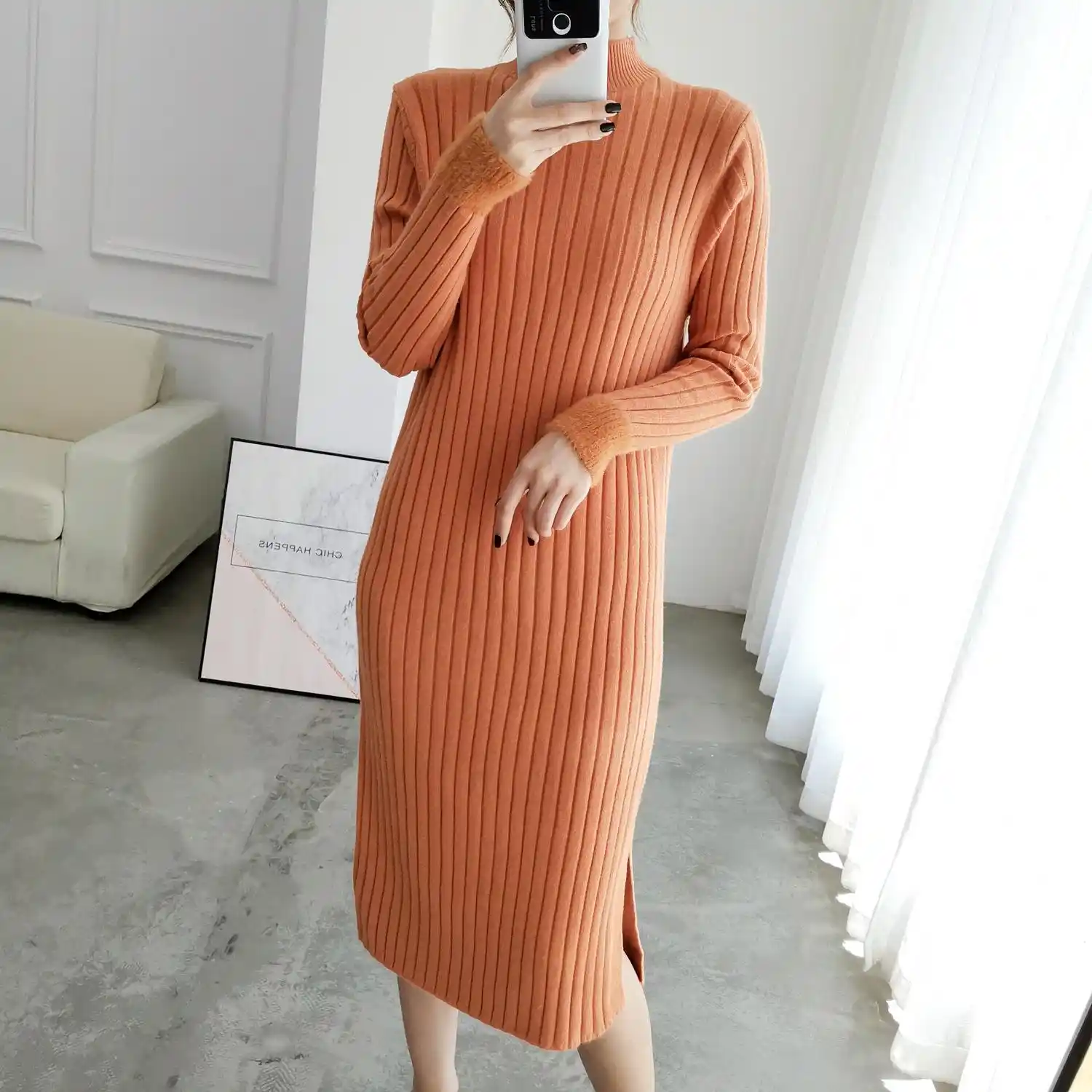 Women Turtleneck Sweater Dress Black 