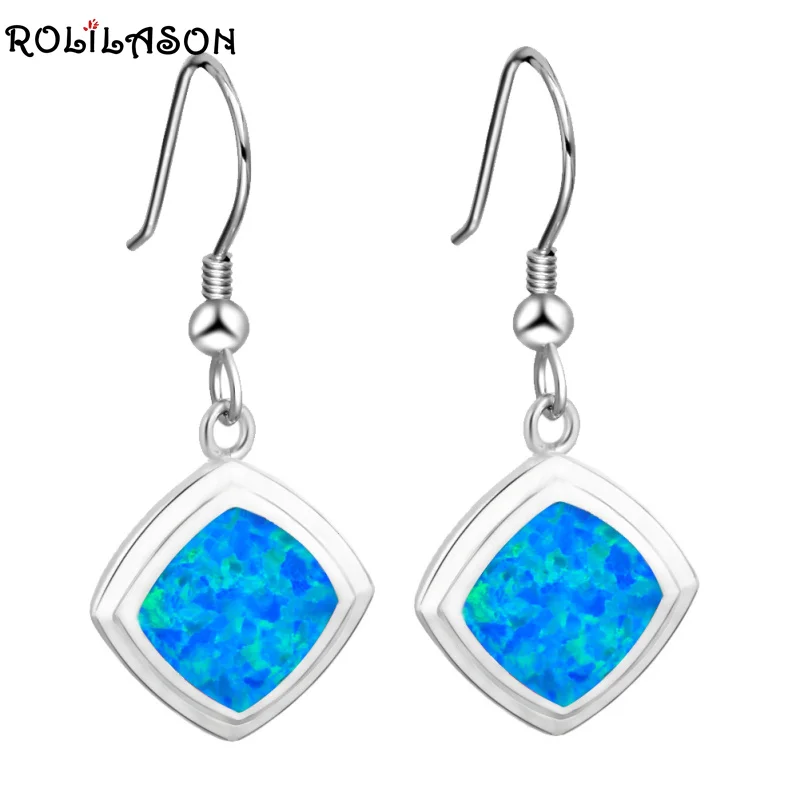 

ROLILASON Wholesale&Retail Beautiful Blue Fire Opal Silver 925 stamped Drop Earrings Fashion Opal Jewelry OES649 for Women