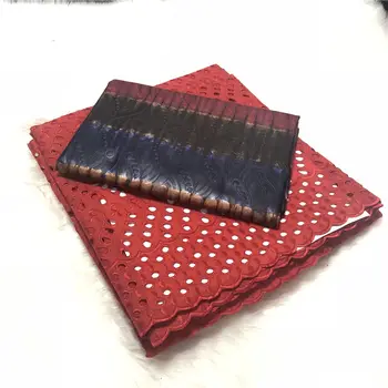 

5yards Red Basin Guinea Brocade Fabric African Bazin Rihce Brode with 2.5yards Swiss Cotton Lace for Dress ABS30