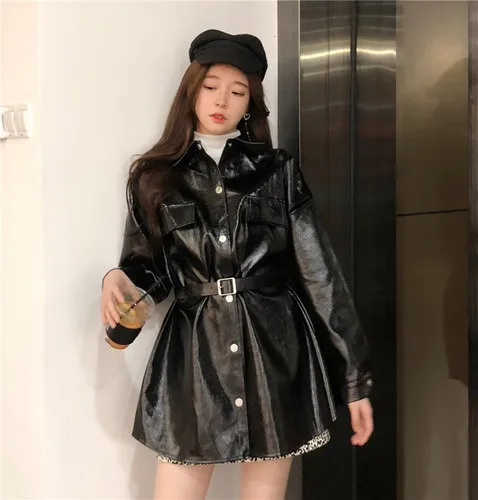 Faux Leather Coats Women Fashion Slim PU Jackets Women Elegant Tie Belt Waist Buttons Coats Female Ladies - Цвет: Красный