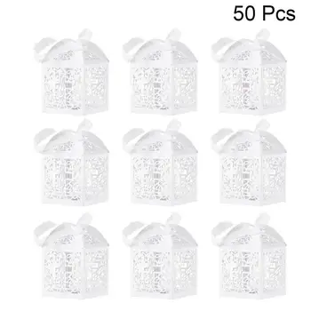 

50pcs Hollow Cross Style Wedding Favor Candy Boxes Gift Boxes With Ribbons Hollow European Wedding Candy Box(White)