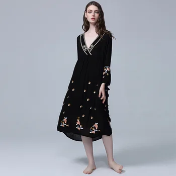 

2018 new vintage women's deep v-neck sexy delicate embroidery fringe Bohemian tourism beach dress long dress