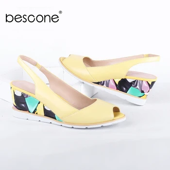 

BESCONE Fashion Women Sandals Pink Yellow Elegant Sheepskin Leather Handmade Sandals Peep Toe Wedges Casual Lady Shoes Women BC7