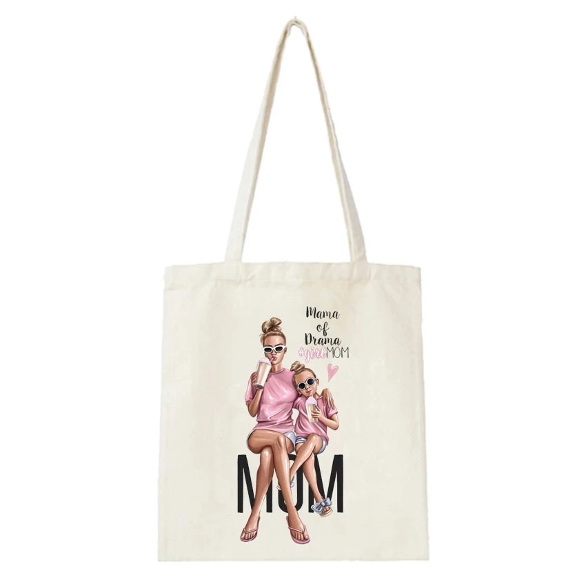 Canvas Shopping Bag Lovely Girl Mom Print Handbag Large Capacity School Trval Bag Tote Shopper Bags Clothes Package Bag