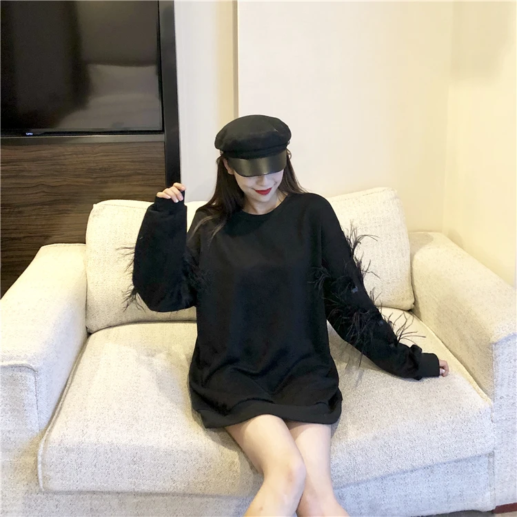 WHITNEY WANG,, весна-осень, модная уличная одежда, перья, большие размеры, толстовка, женские толстовки, пуловер