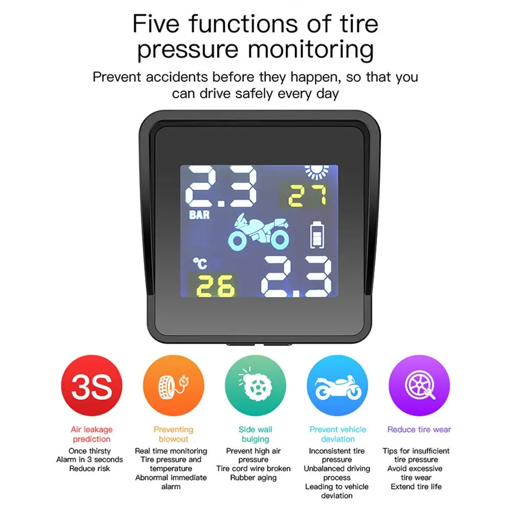 Мото TMPS Мониторинг давления в шинах Солнечная энергия мотоцикл 2 шт. TPMS сенсор ЖК-дисплей цветной экран сигнализация давления в шинах