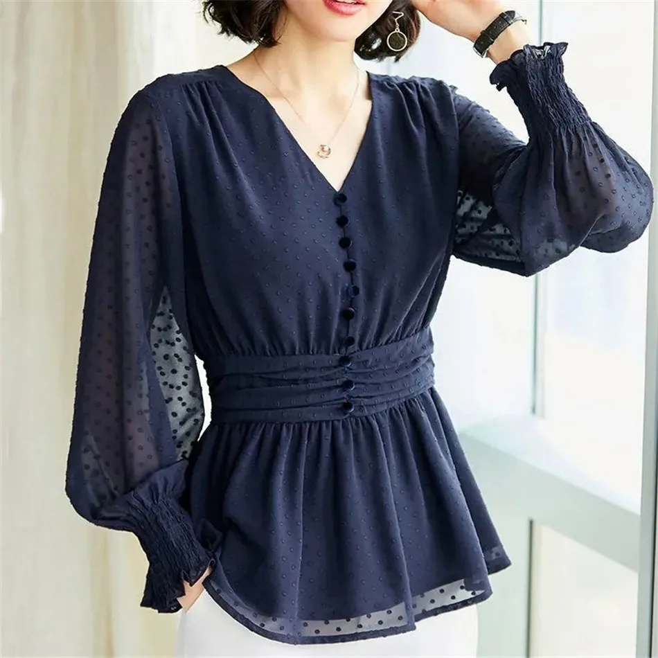 

Spring Autumn Women Elegant Chiffon Blouses Lantern Sleeve V-Neck Temperament Ruffle Lace Splice Top Blusas MM1320