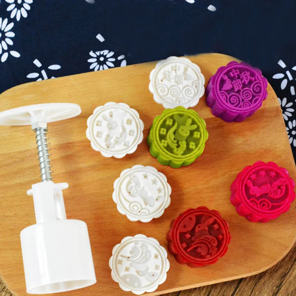 

Mooncake Mold Flower Mid-autumn Festival Hand Press Moon Cake Cutter Molds Set Round Cartoon Rabbit Mooncake Cake Biscuit Mold