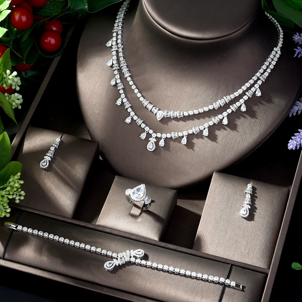 HIBRIDE, сверкающий, Pave CZ, Дубай, ювелирный набор,, для женщин, свадьба, цирконий, капля воды, медь, 4 шт., ювелирный набор, для невесты, ювелирное изделие, N-1221