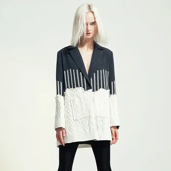 

Patchwork Hit Color Women's Coats Notched Long Sleeve Pocket Knitted Female Coat 2019 Autumn Winter Fashion New