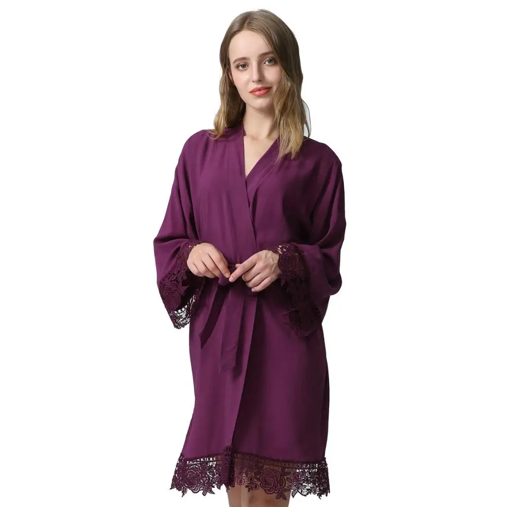 purple with print Индивидуальное вискозное хлопковое кимоно халат с кружевной отделкой женское свадебное для невесты подружки невесты халаты женский халат Ночное белье - Цвет: purple with print