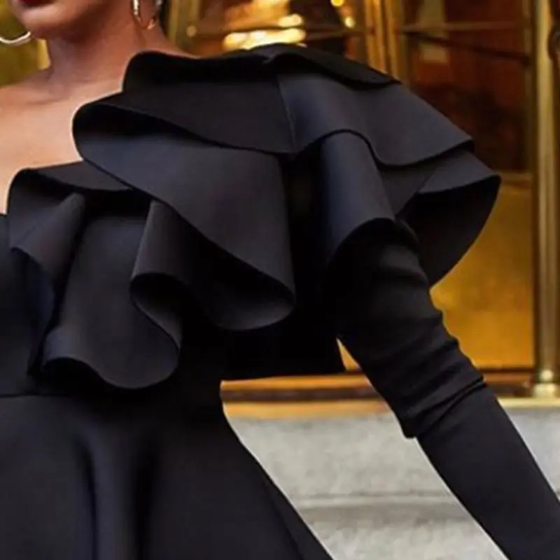  African Women Long Blouse Tops Ruffles Skew Collar Black High Waist Shirts 2019 Elegant Party Dinne