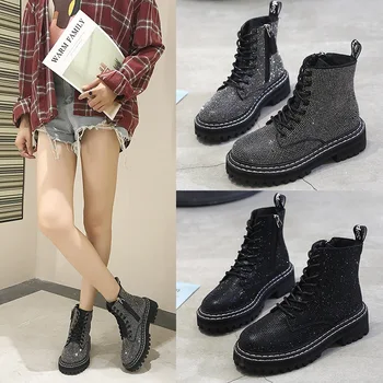 

Winter women pumps dress Martin boots Platform Fashion Rhinestone lace up Round Toe mid heels snow botas women shoes