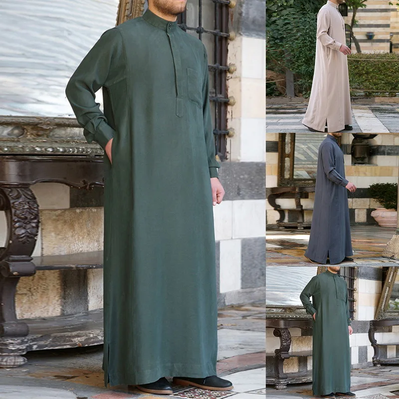 

2019 Men Robes V-neck Long Sleeve Solid Color Loungewear Vintage Men Muslim Arab Islamic Kaftan Men Long Shirt Plus Size 3XL