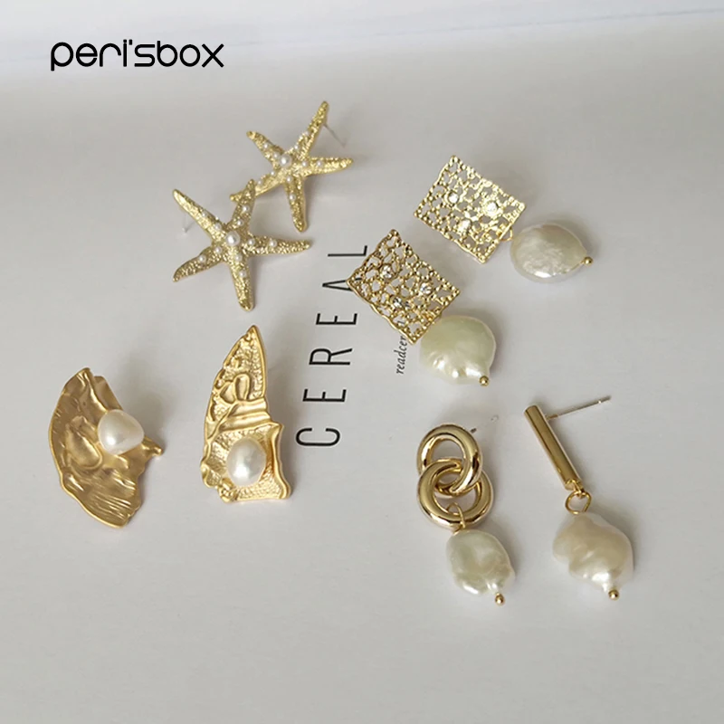 

Peri'sBox 4 Designs Irregular Textured Gold Earrings White Geometric Pearl Earrings Starfish Asymmetric Earrings for Women 2019