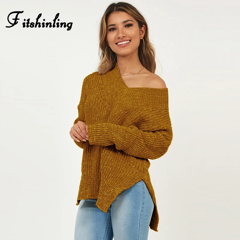 

Fitshinling 2019 Autumn Winter Casual Sweater Female V Neck Side Split Pullovers Solid Slim Basic Sweaters Women Knitted Jumpers