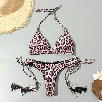 

Swimsuit Sexy Leopard Thong Bikini Push Up Deep V Female Hollow Out Bathing Suit Women Biquini Halter Bikinis Bathing Suits #Z4