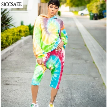 

Tie Dye Printed 2 Piece Set Women Graffiti Hoodies Pullover Loose Calf Length Pants Activewear Casual Outfits For Women Moleton