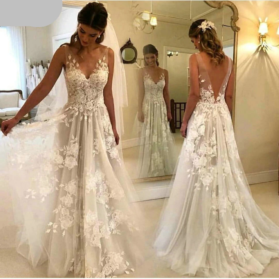 plus size wedding dresses Boho A Line Wedding Dresses Lace Appliques V Neck Sleeveless Tulle Backless Wedding Gowns Robe De Mariee Sweep Train Bride Gown summer wedding guest dress