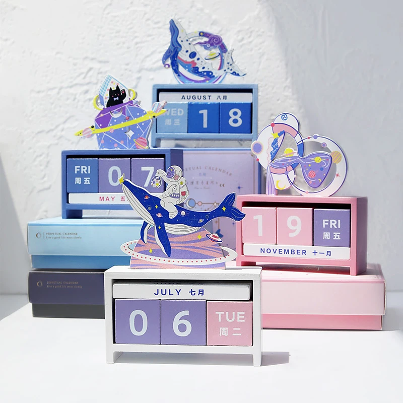 6 Design Wooden Permanent Calendar Table Desk 2022 Office Desktop Decoration Galaxy kawaii Rustic Kids Gift | Канцтовары для офиса