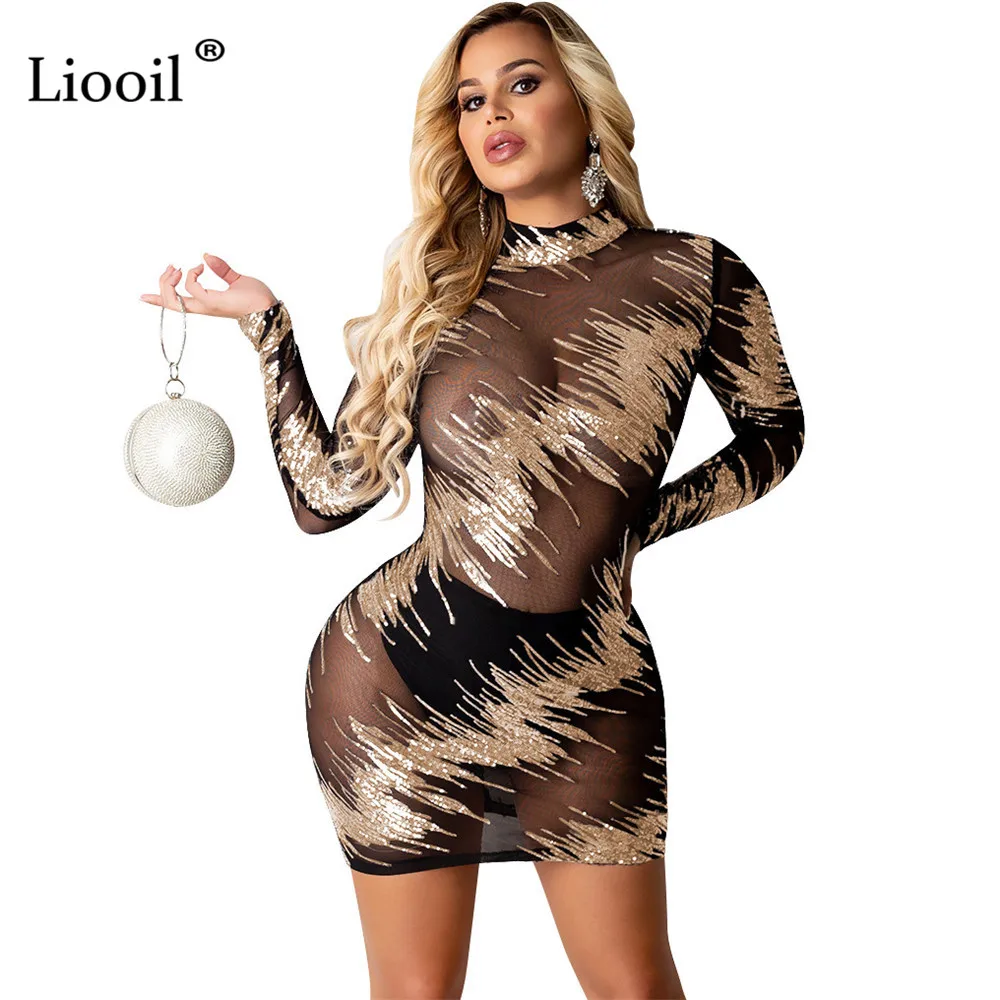 

Liooil Gold Silver Sequin Mesh Sheer Bodycon Mini Dress Women Long Sleeve O Neck See Through Sexy Dresses Woman Party Night Club