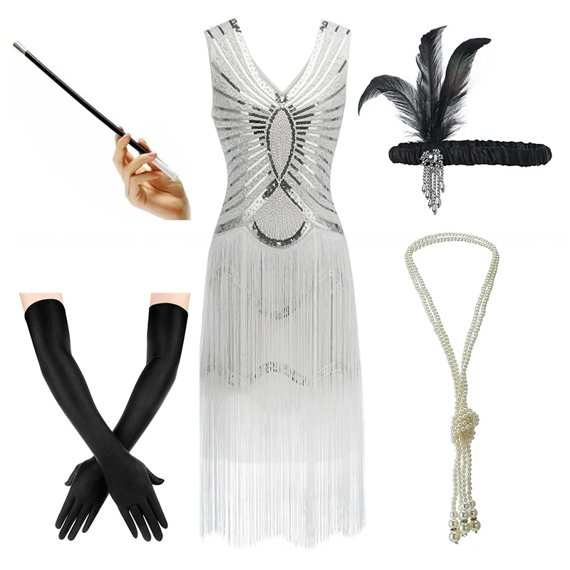 Женские платья размера плюс в стиле Гэтсби с блестками в стиле арт-деко, черные платья 1920s с v-образным вырезом, украшенные бисером и бахромой - Цвет: white-set