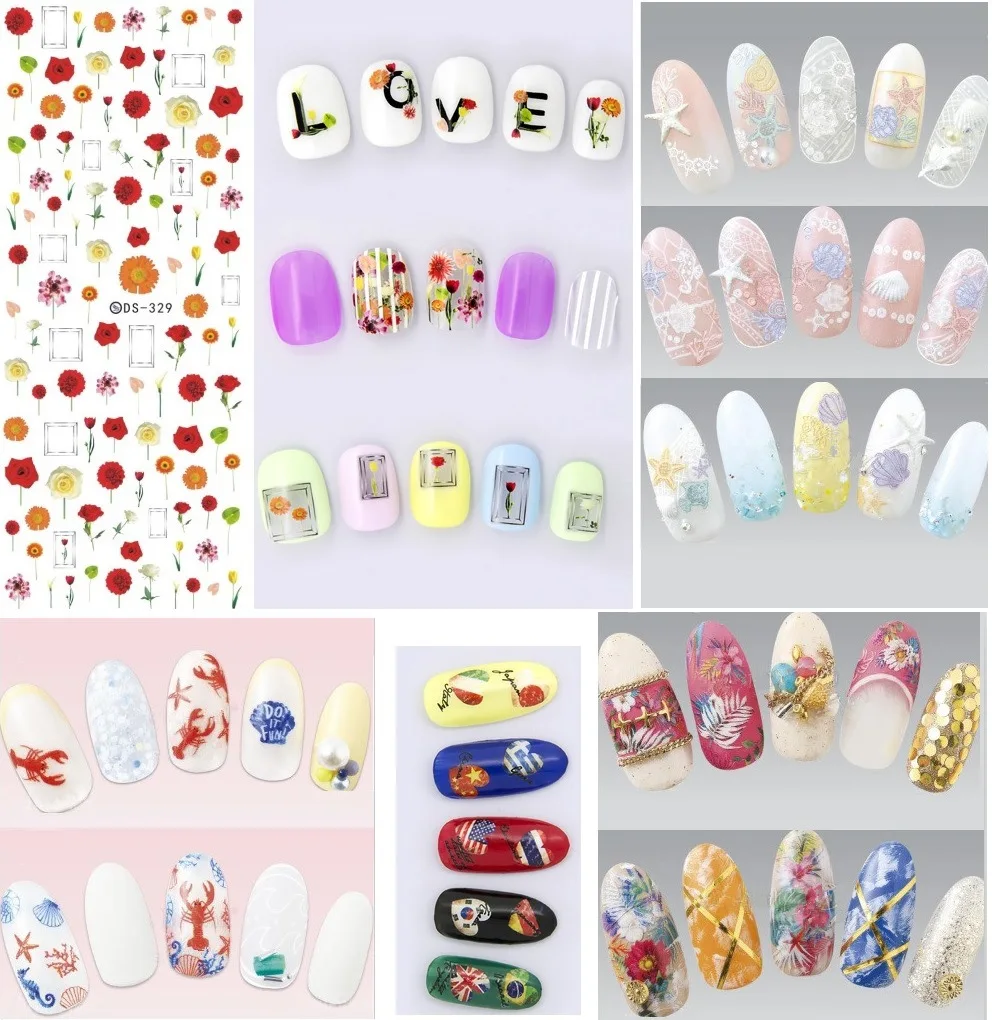 

2018 5 sheet 3D Nail Sticker Mixed Colorful Designs Nail Stickers Decals Makeup Korean Water Tattoos Manicure Tool DS321-344
