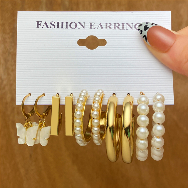 Trendy Gold Silver Color Butterfly Hoop Earrings Set For Women Snake Pearl Resin Hoop Earrings Brincos Party Jewelry