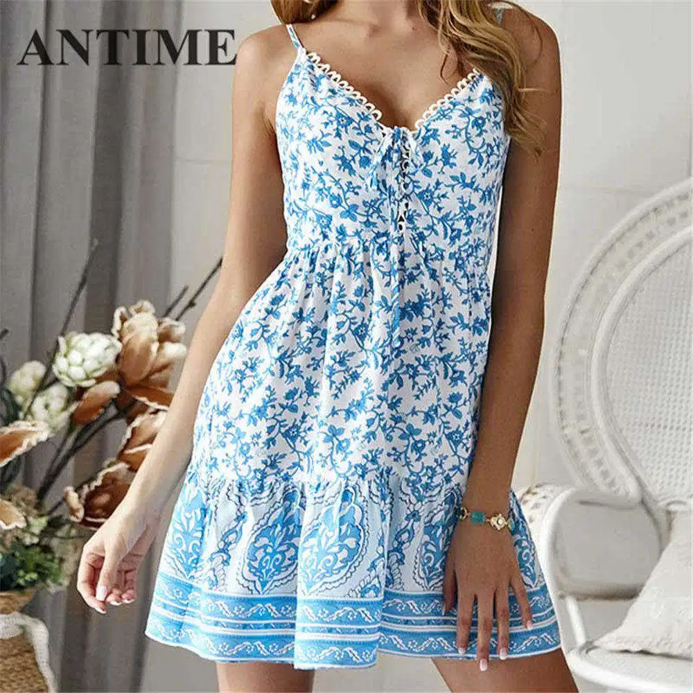 ANTIME Boho платье на бретельках женское летнее богемное ТРАПЕЦИЕВИДНОЕ ПЛАТЬЕ С v-образным вырезом на шнуровке повседневное Мини шифоновое платье без рукавов винтажное - Цвет: C