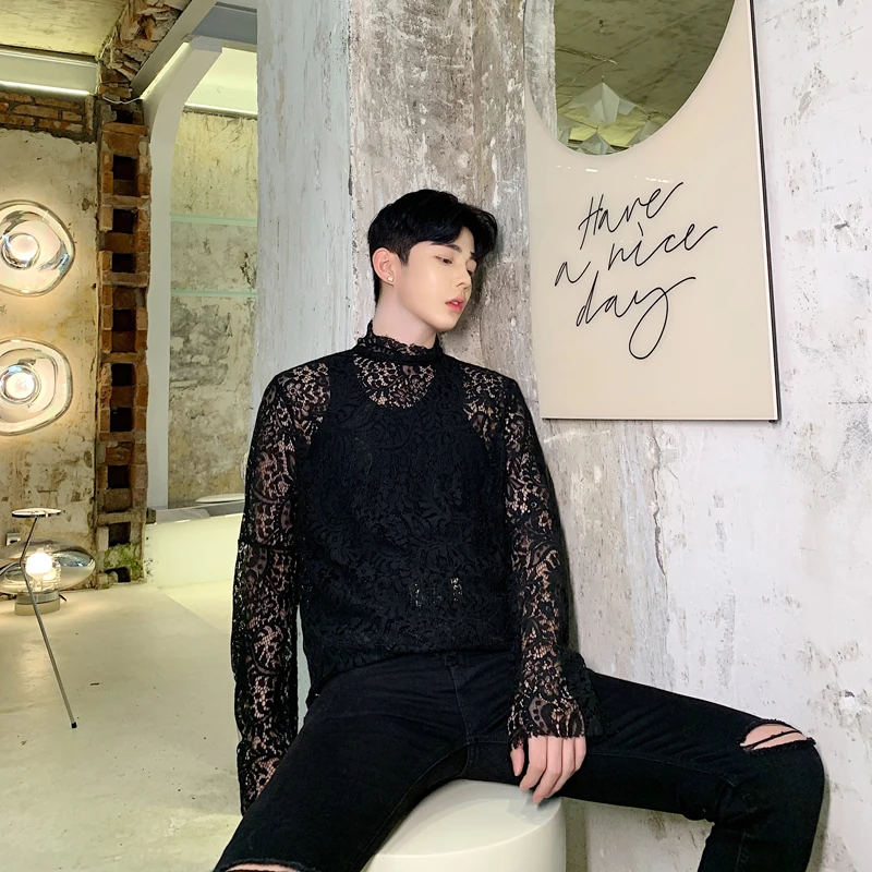 

MIXCUBIC 2019 Autumn British style personality Openwork lace design shirts men casual loose Retro court shirts for men,size M-XL