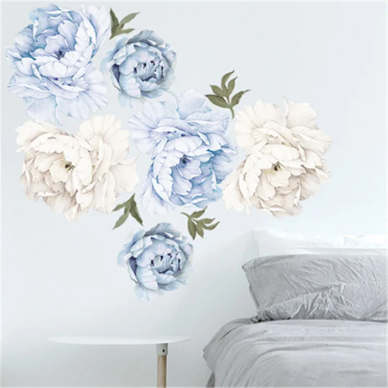 Blue White Peony Flower Wall Stickers Romantic Flowers Home Decor Wall