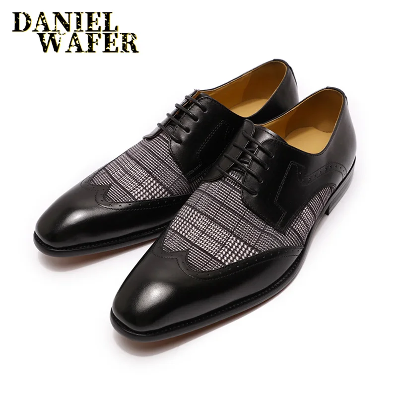 LUXURY BRAND GENUINE LEATHER DERBY OXFORD SHOES BLACK BROWN LACE UP WINGTIP PATCHWORK FASHION MEN LEATHER SHOES FOR FORMAL DRESS